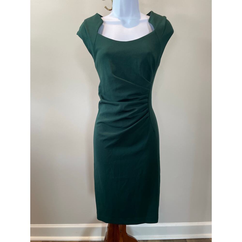 Calvin Klein Size 12 Green Sheath Dress Ruched Side, Cap Sleeves, Horseshoe Neck
